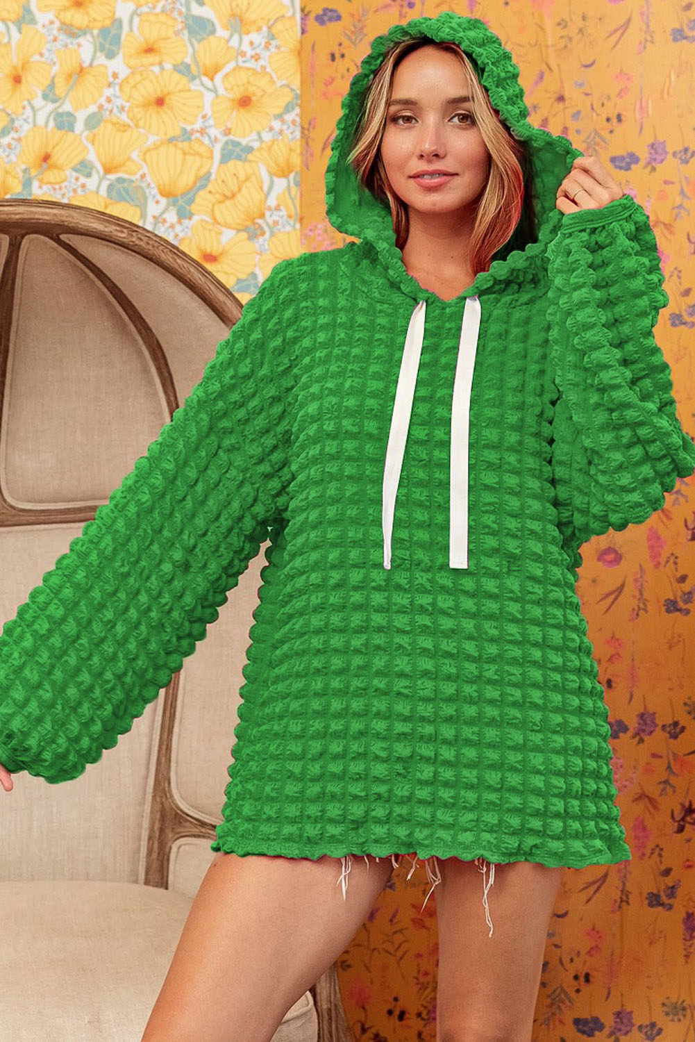 Us 899 Green Bubble Textured Waffle Hoodie 9460