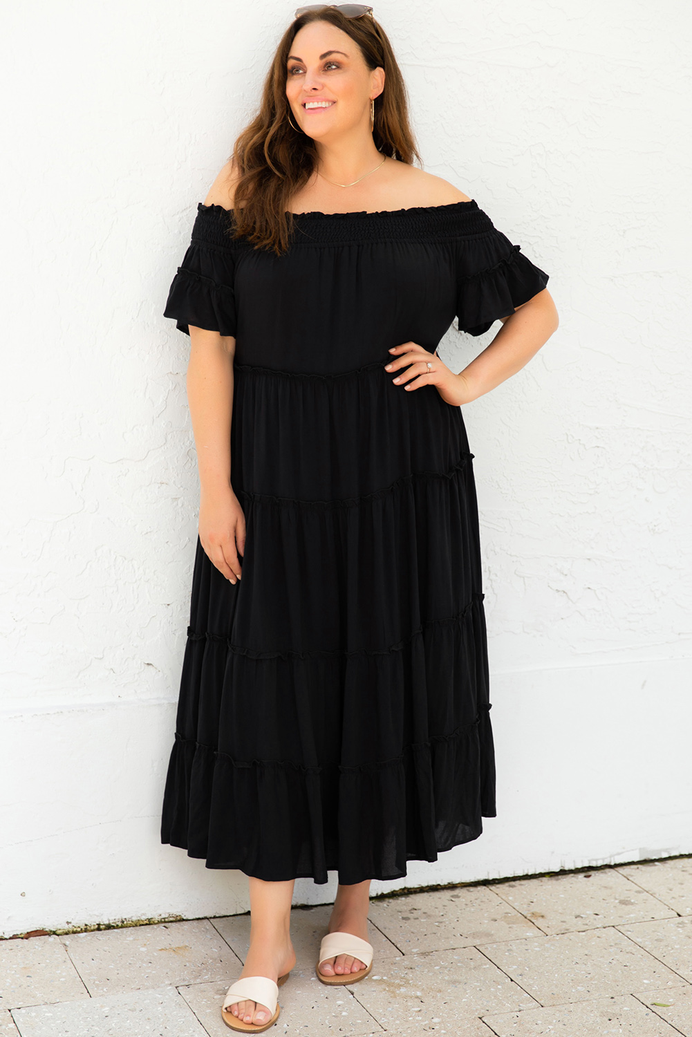 Black Plus Size Smocked Off Shoulder Frill Tiered Maxi Dress Wholesale ...