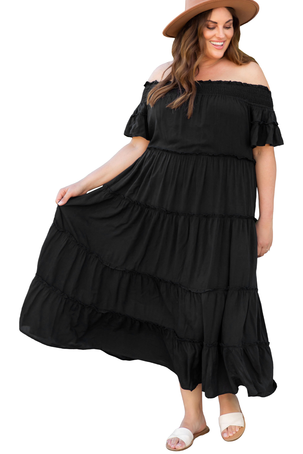 Black Plus Size Smocked Off Shoulder Frill Tiered Maxi Dress Wholesale ...