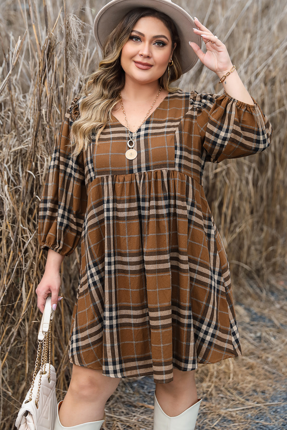 Brown Printed Plaid V Neck Plus Size Babydoll Dress Wholesale 23.1
