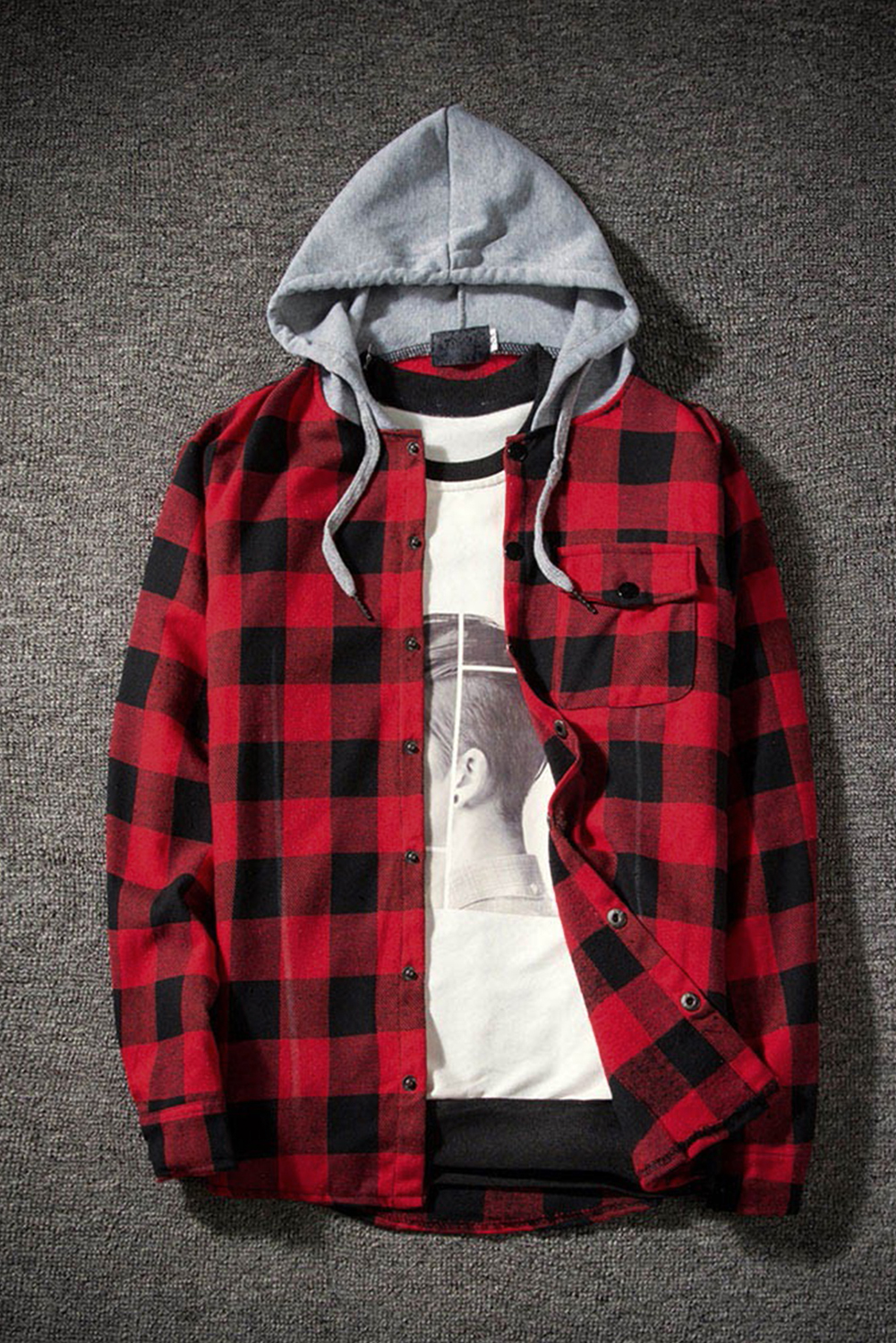 US$11.8 Red Plaid Printed Mens Hooded Shacket Wholesale - www.dear-lover.com