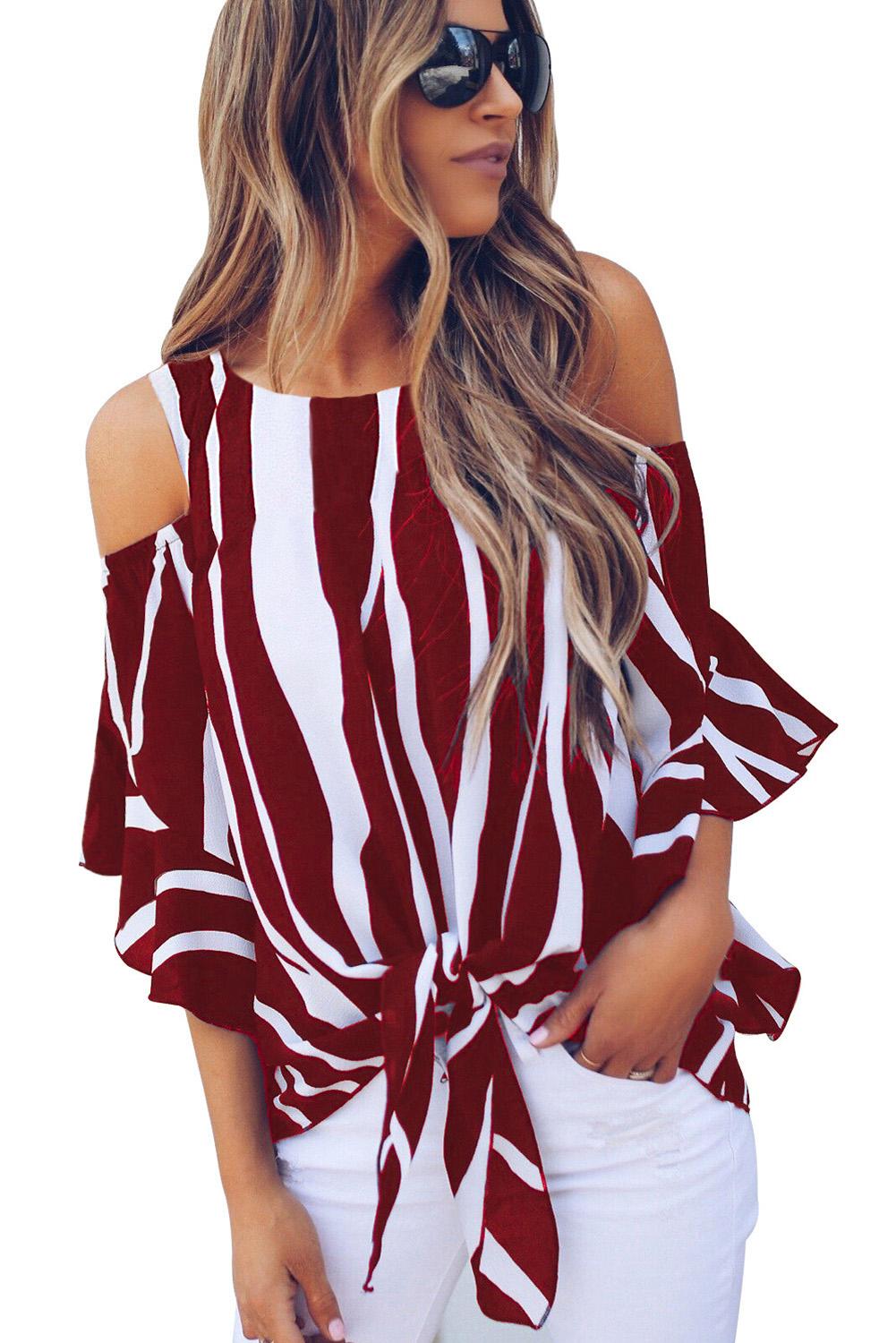 CoolooC Women’s Striped Off The Shoulder Tops 3 4 Flare Sleeve Tie Knot Blouses Shirts