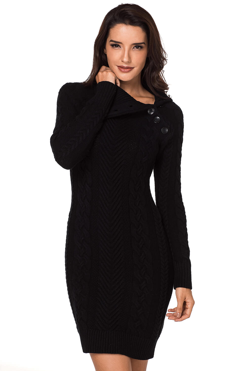 3745 Asymmetric Buttoned Collar Black Bodycon Sweater Dress 8852