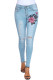 Rose Embroidery Distressed Light Blue Skinny Jeans