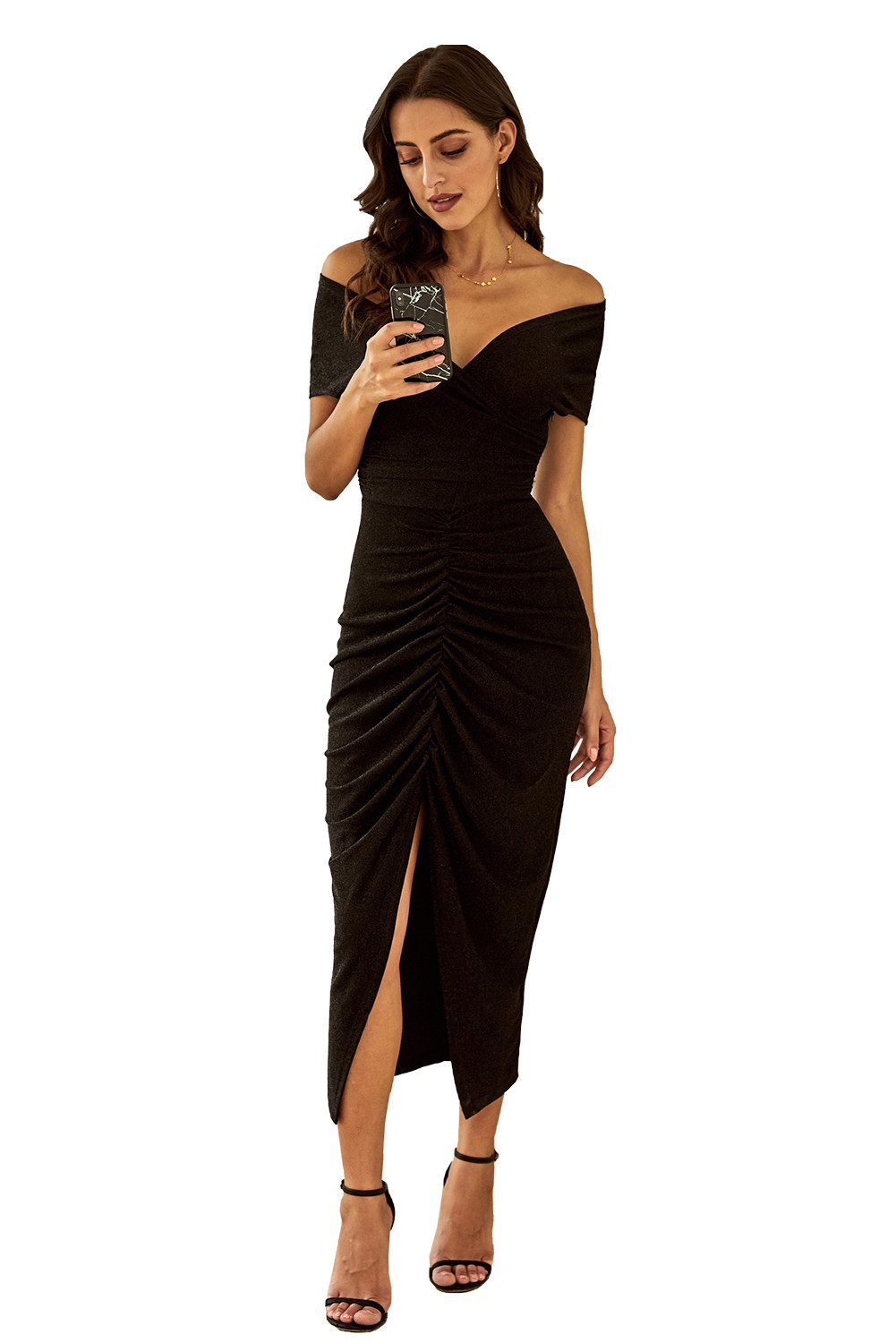 bias cut black sparkling evening gown