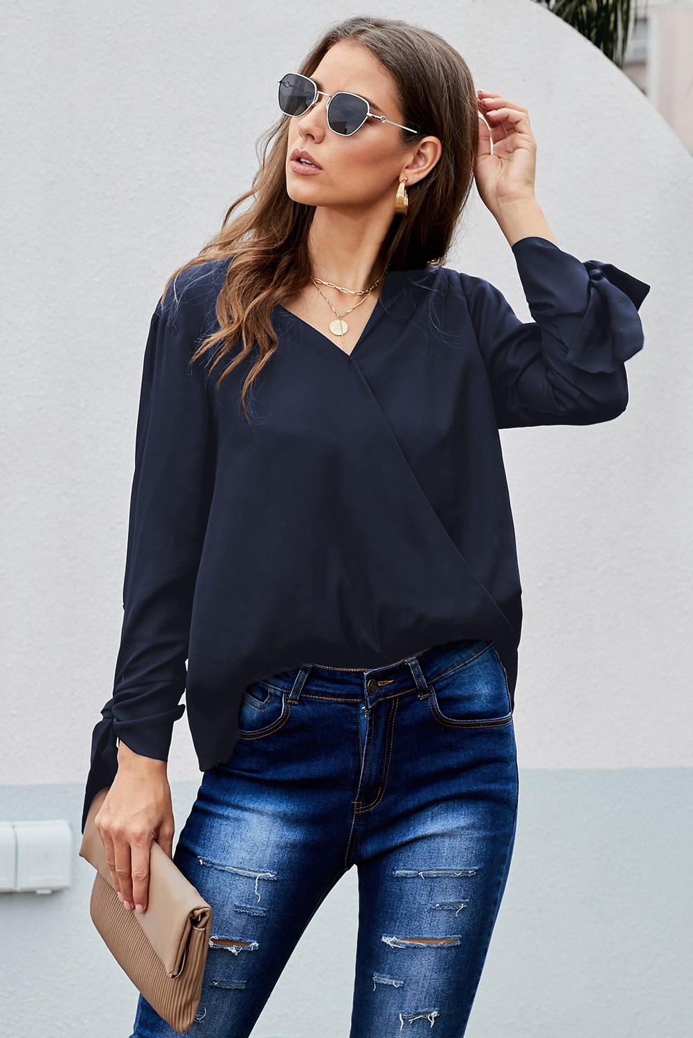 black long sleeve tie front top