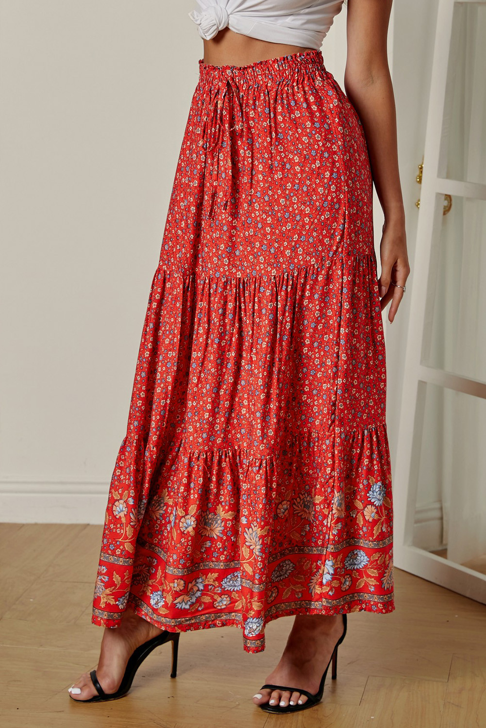 red boho maxi skirt