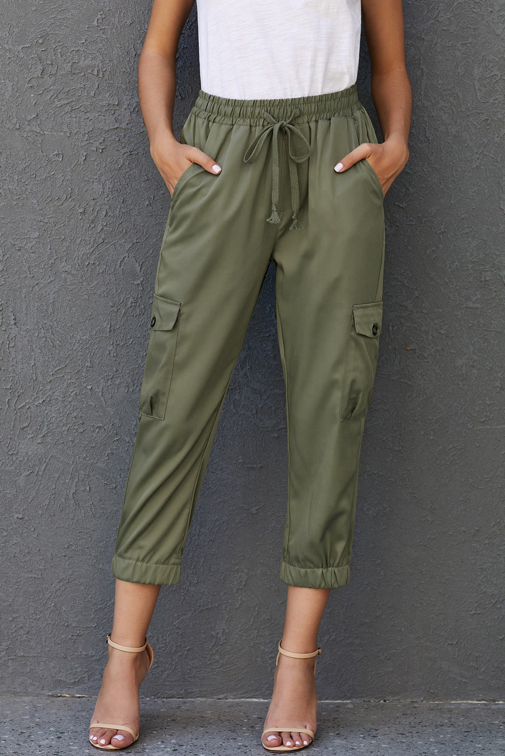 US$ 12.63 Dropship Olive Drawstring Cargo Pocketed Joggers