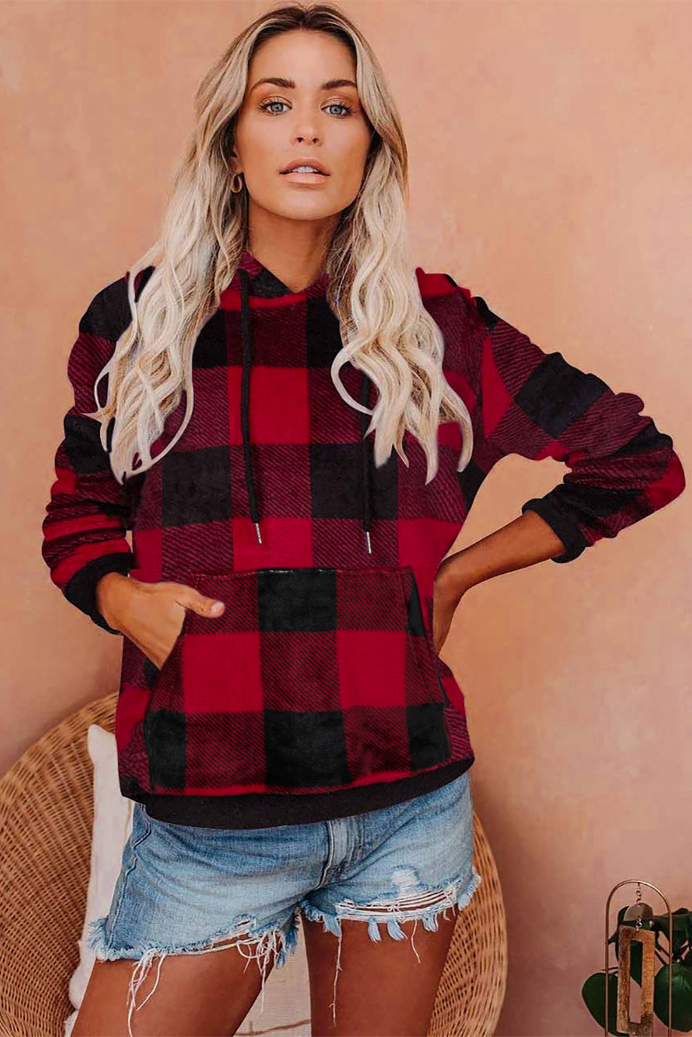 plaid panel kangaroo pocket hoodie