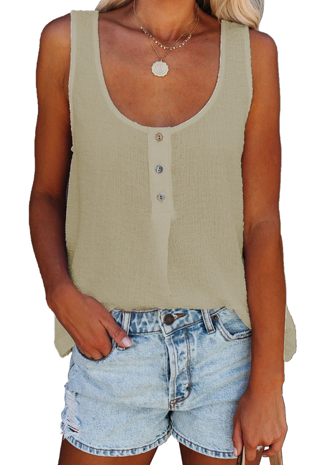 US$ 4.58 Dropship Apricot Button Textured Cotton Tank Top