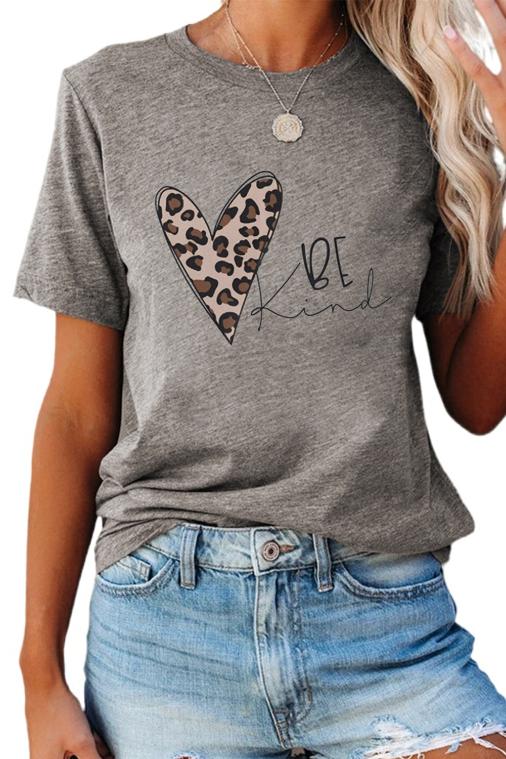 US$ 5.41 Dropship BE Kind Leopard Heart Print Gray T-shirt