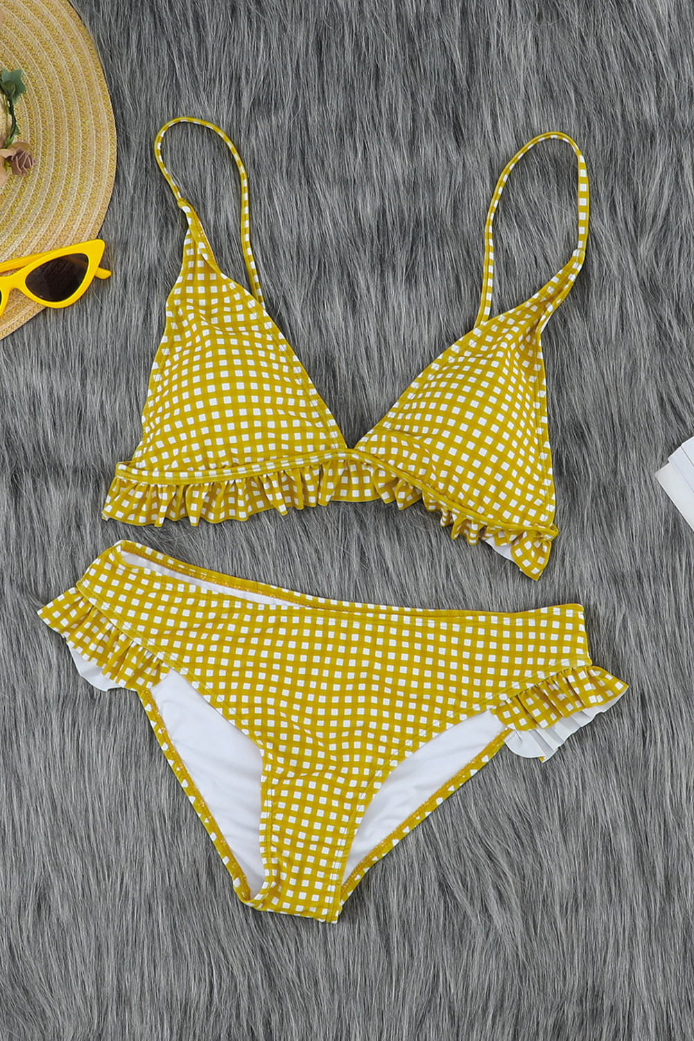 US$ 6.56 Dropship Yellow Plaid Ruffle Trim Triangle Bikini Set