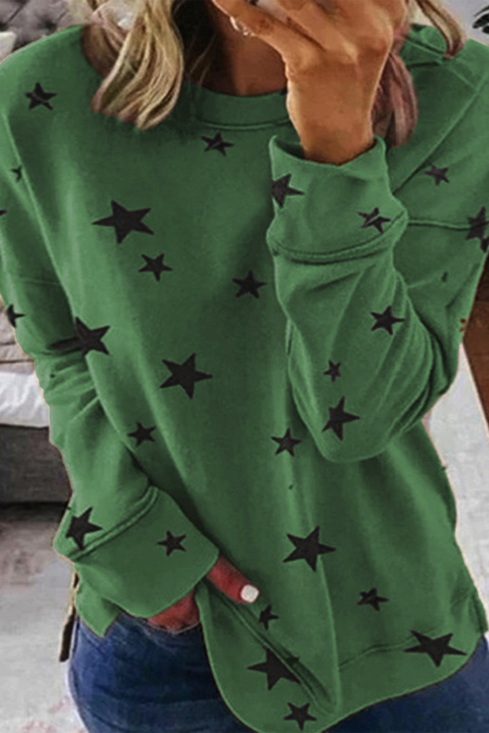 US$ 7.36 Dropship Green Round Neck Star Print Long Sleeve Top