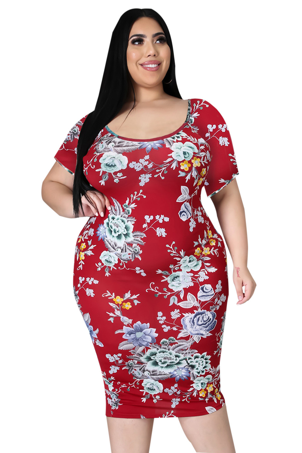 US$ 7.59 Dropship Red Plus Size Floral Short Sleeve Slim Fit Midi Dress