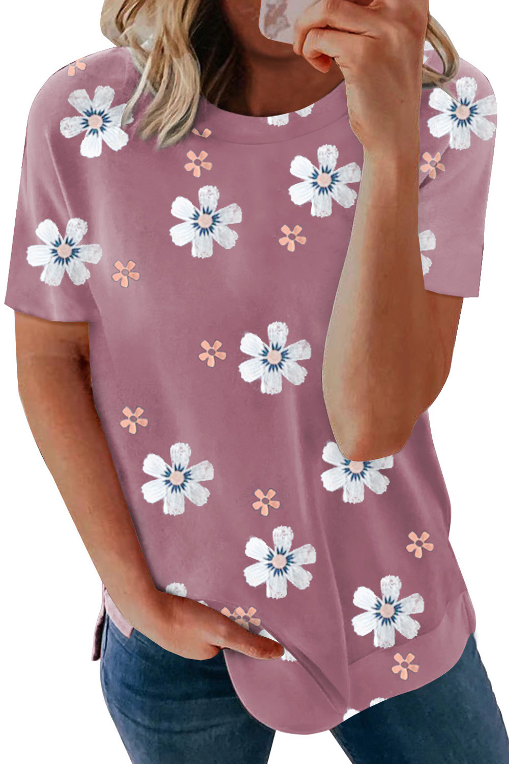 US$ 5.98 Dropship Pink Floral Pattern T-shirt