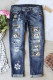Gray Floral Leopard Print Patchwork Distressed High Waist Jeans