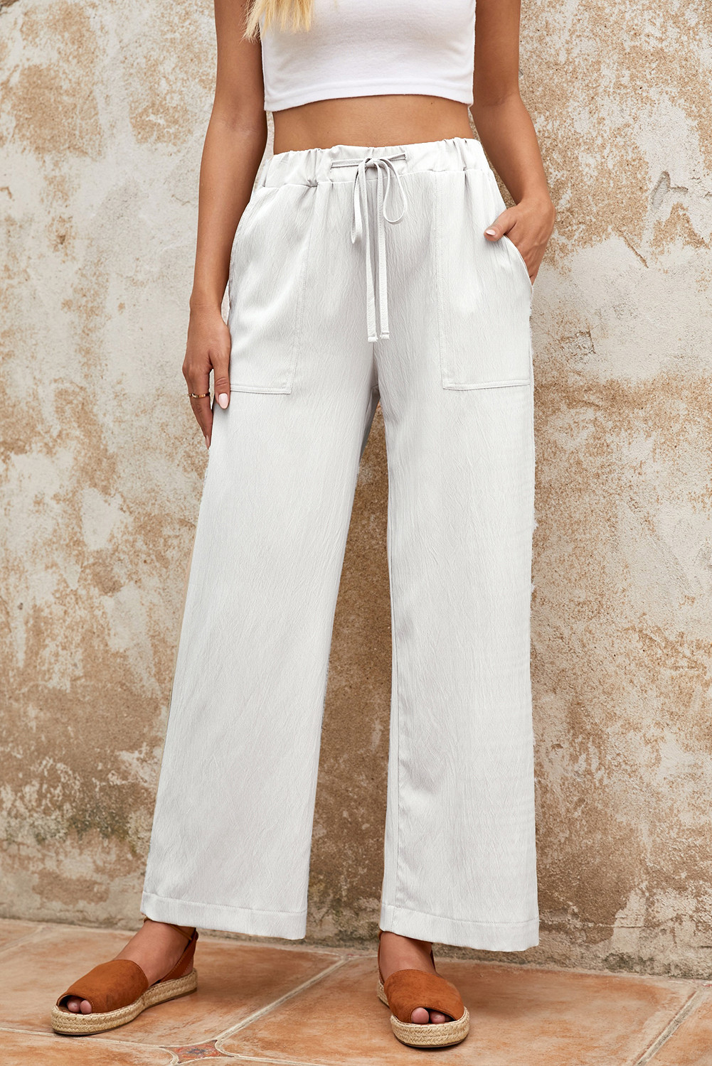 white drawstring pants
