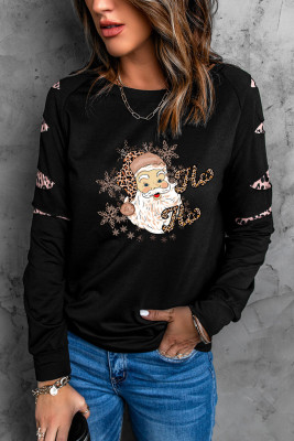 Christmas Santa Clause Leopard Print Cut Out Long Sleeve Sweatshirt