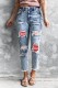 Love Heart Print Patchwork Distressed High Rise Jeans
