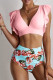Pink Floral Ruffled Hem High Waist Bikini Set
