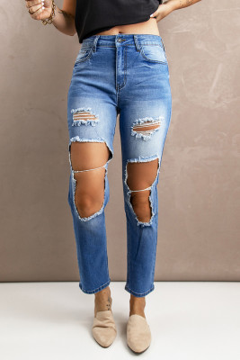 Distressed Holes Hollow-out Straight Jeans