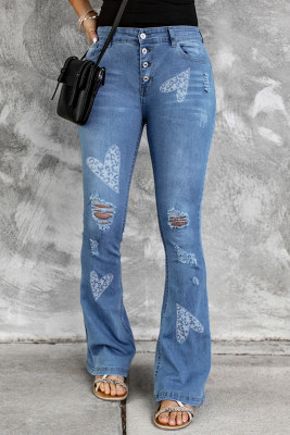 Sky Blue Leopard Heart-shaped Print Button-fly Distressed Flare Jeans