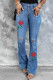Sky Blue Rose Print Button-fly Distressed Flare Jeans