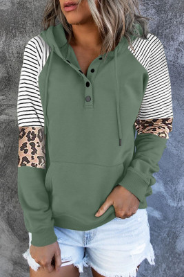 Green Striped Leopard Color Block Buttons Pullover Hoodie