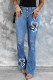 Sky Blue Hearts Print Button Fly High Waist Distressed Flare Jeans