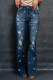 Blue Leopard Print Ripped High Waist Flare Jeans