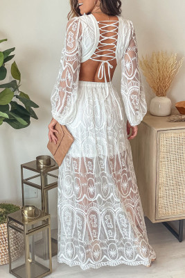 White Cut out Lace Bubble Sleeve Maxi Dress