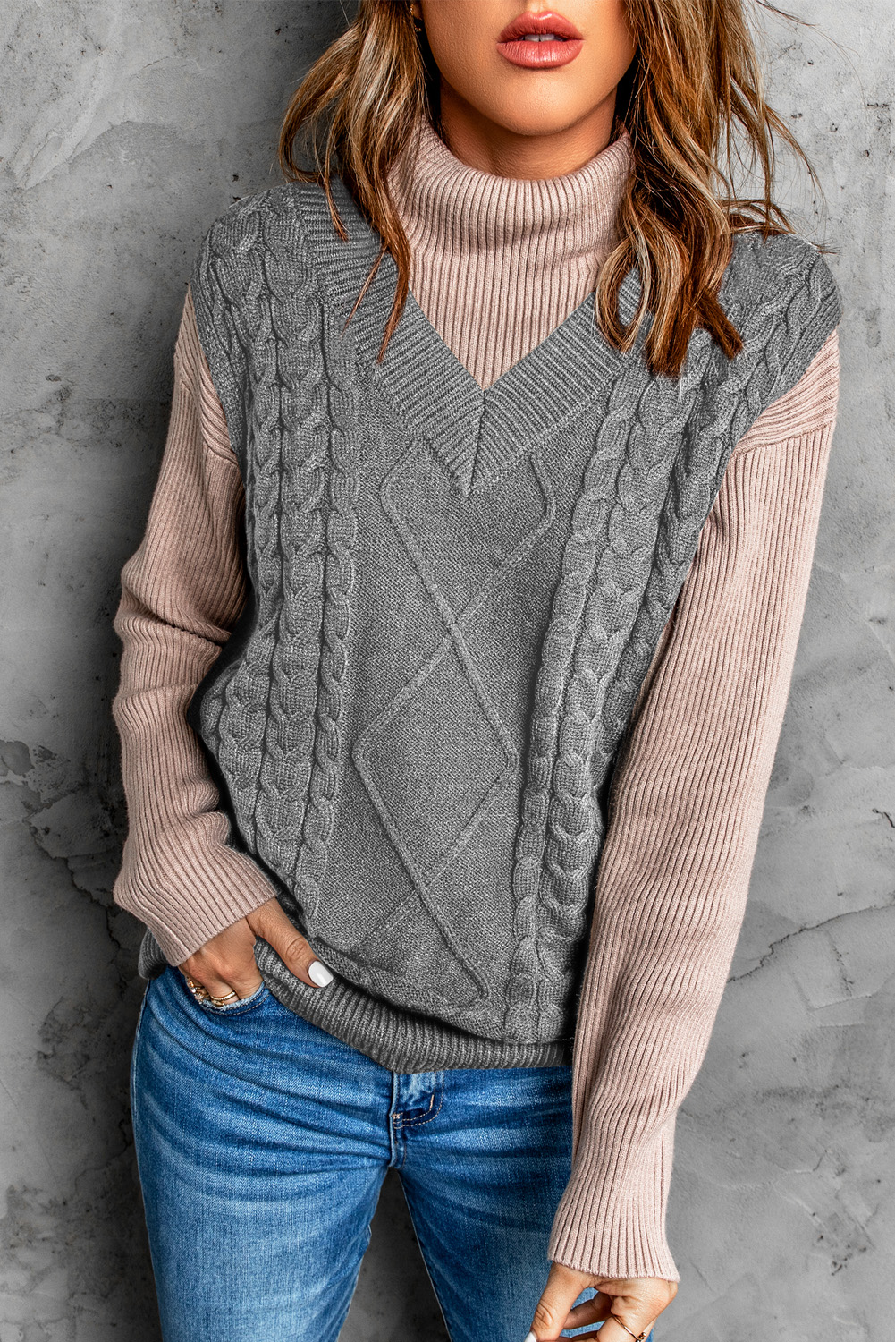 US$ 9.78 Drop-shipping Gray Sleeveless Cable Knitted Sweater Tank for Women