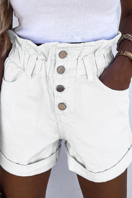 White Ruffled High Waist Buttoned Denim Shorts