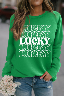 Green Lucky Letter Print Crewneck Long Sleeve Sweatshirt