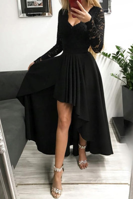 Черное кружевное вечернее платье с v-образным вырезом и открытой спиной, с высоким и низким низом
