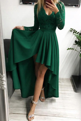 Зеленое вечернее платье с v-образным вырезом и длинным рукавом с кружевной спиной и высоким и низким подолом