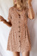 Brown Printed V Neck Button High Waist Short Dress