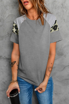 Gray Striped Leopard Print Short Sleeve Women T-shirt