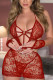 Red 0-ring Hollow-out Floral Lace Open Back Lingerie Set