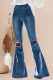 Red Plaid Patchwork Bell Bottom Jeans With Frayed Hem