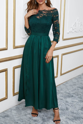Зеленое вечернее платье макси-юбки с кружевным лифом и высокой талией с открытыми плечами