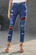 Sky Blue Plaid Patchwork Hollow Out Ripped Jeans