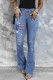 Sky Blue USA Star Print Button Fly Distressed Flare Jeans