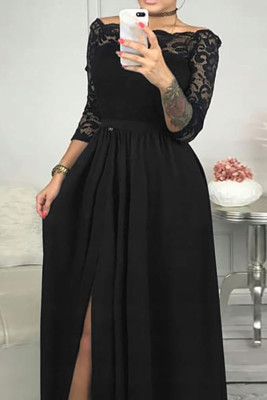 Черное вечернее платье макси-юбки с кружевным лифом и высокой талией с открытыми плечами