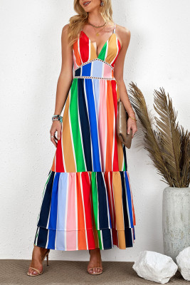 Вязаное крючком платье макси в разноцветную полоску со вставкой крючком