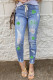 Sky Blue Lucky Clover Print Ripped Cropped Jeans