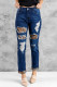 Blue Hollow Out Leopard Splice Ripped Jeans