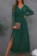 Green Long Sleeve V Neck Lace Maxi Dress with Split