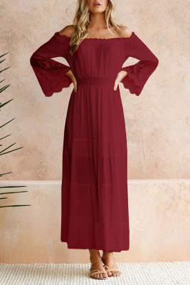 Кружевное макси-платье с открытыми плечами и вышивкой с расклешенными рукавами Wine