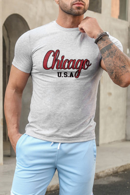 Gray Chicago U.S.A Letter Print Short Sleeve Men's T-shirt